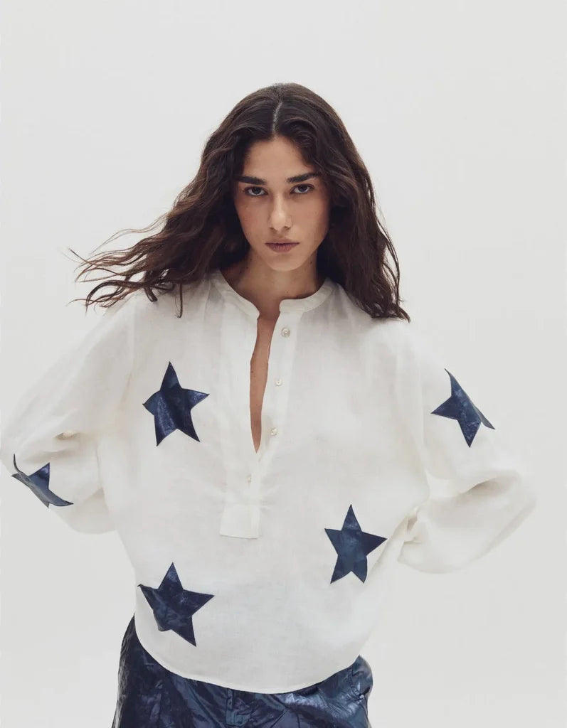 Make A Wish Linen Shirt in Off-White with Dark Blue by Lanhtropy