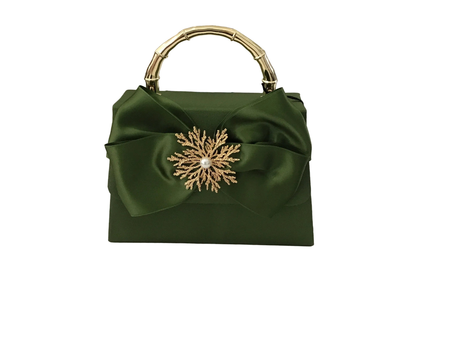 Green Lulu Green Satin Bow Gold Coral Pearl Handbag by Lisi Lerch