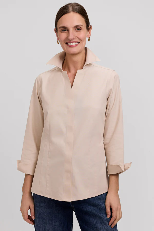 Taylor No Iron Pinpoint 3/4 Sleeve Shirt in Light Khaki by Foxcroft