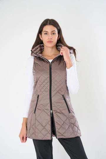 Long Quilted Vest with Hood in Smokey Mauve