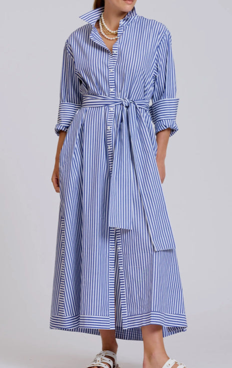 Sybil Longline Shirtdress in Navy Stripe by Shirty