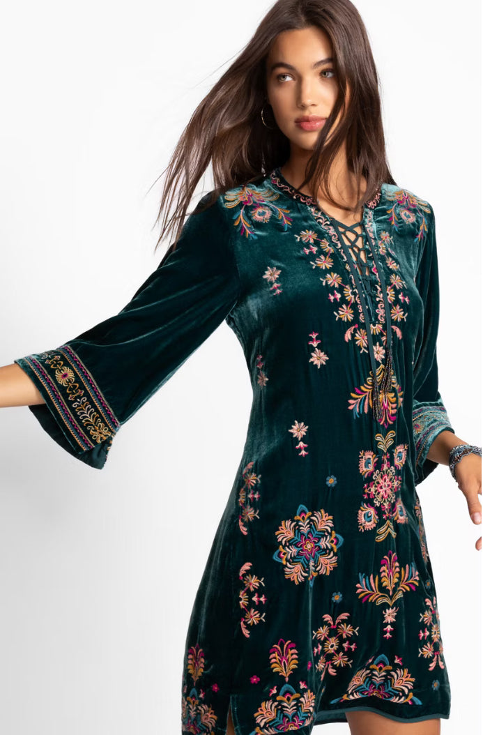 Brandi Velvet Tie Front Kimono Dress in Peacock by Johnny Was