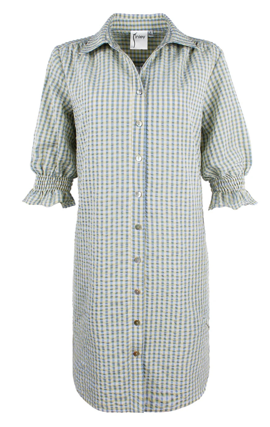 Miller Cotton Shirt Dress in Blue and Green Seersucker by Finley
