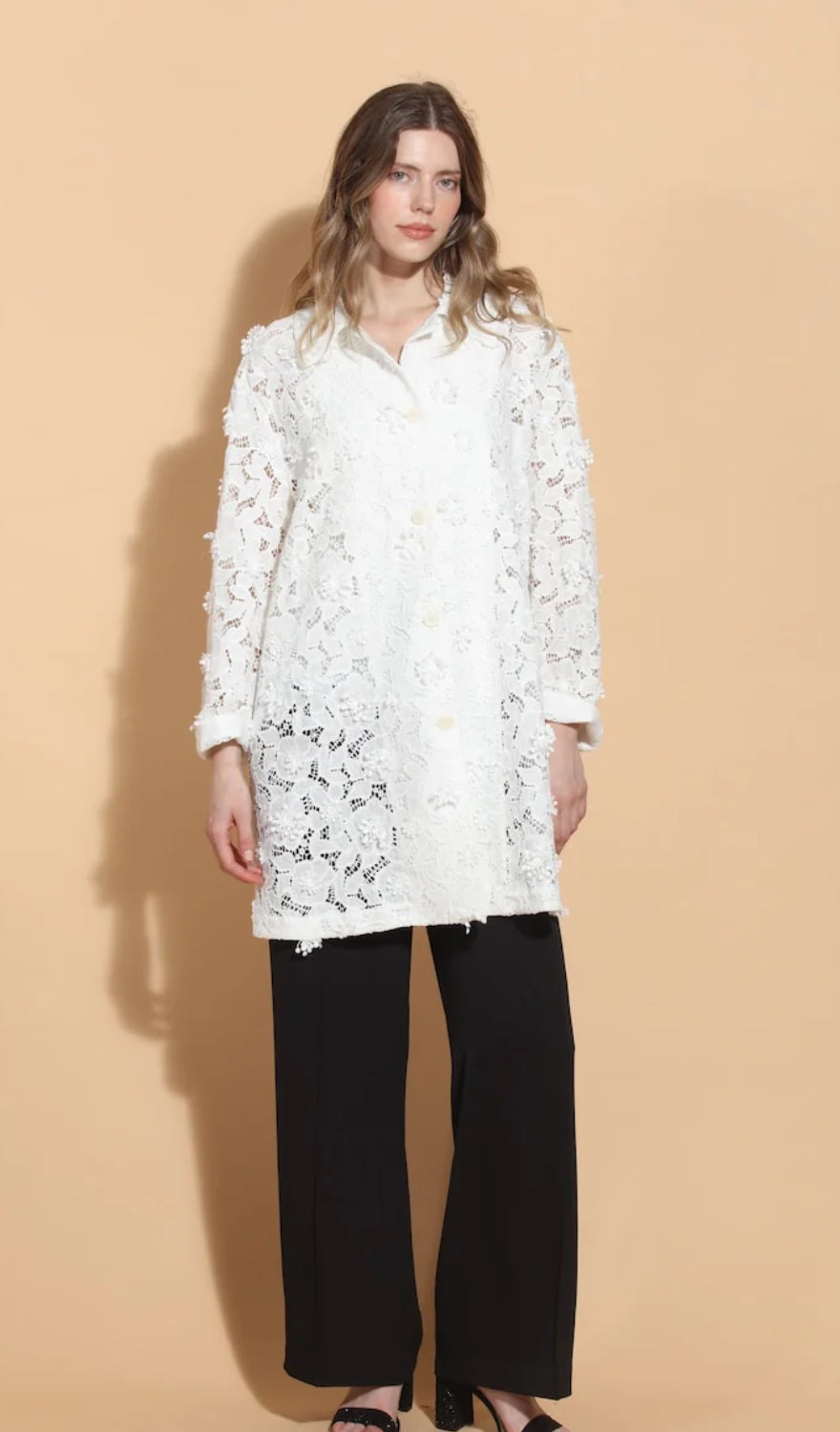 3-D Appliqué Linen Lace Long Jacket in White by Jessie Liu