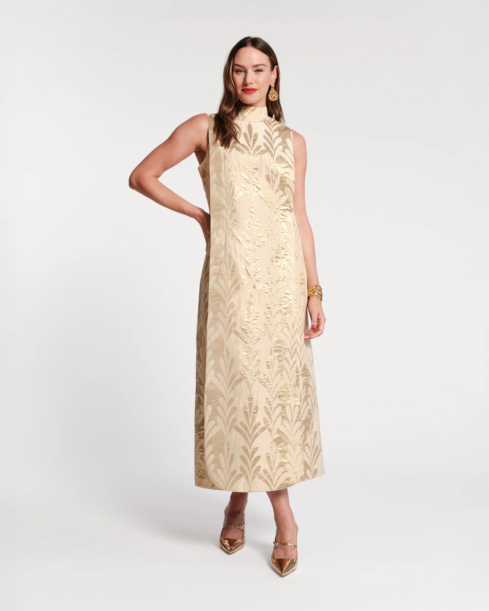 Carlyle Maxi Dress in Royal Palm Jacquard Gold by Francine Valentine