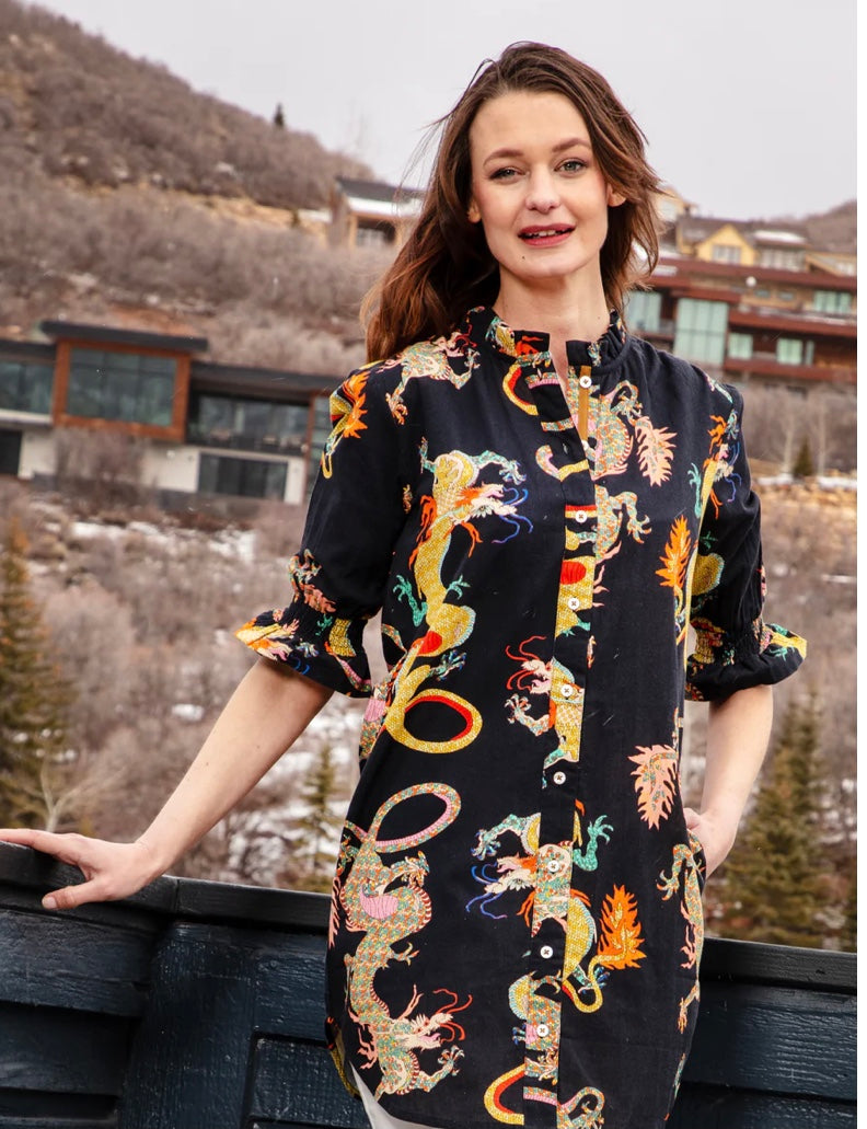 Big Shirt Tunic Dress with Ruffle in Black Dragon