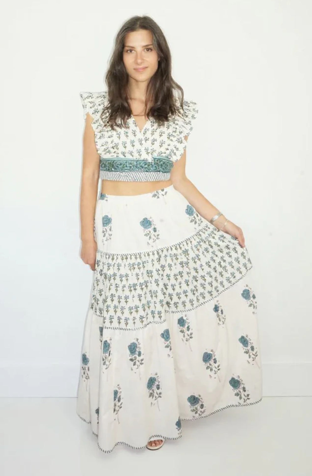 Drue Tiered Skirt in Mystic Blue Roses by NIBI-MTK