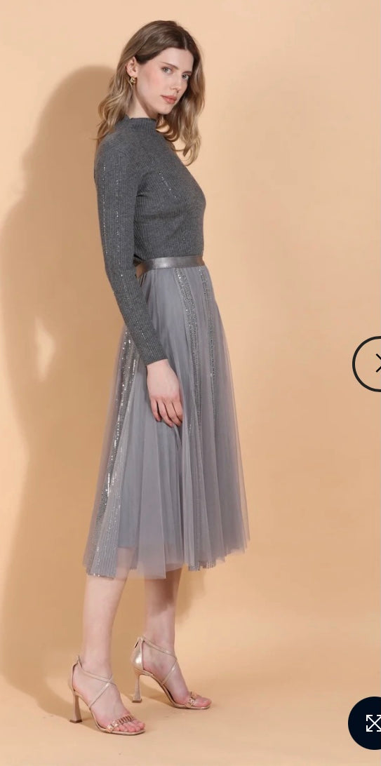 Sequined Tulle Skirt in Grey by Jessie Liu