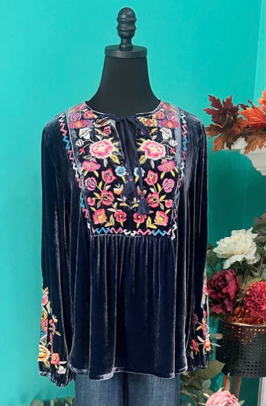 Anaya Curved Hem Prairie Blouse in Sapphire Blue by Johnny Was