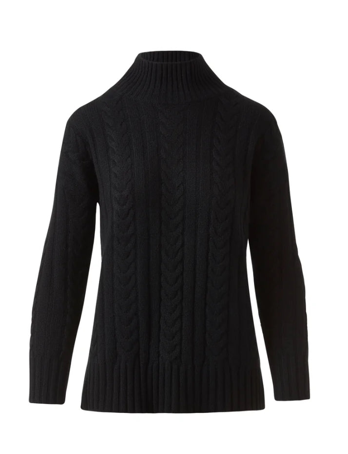 Luxe Cable Funnel Sweater in Black by Kinross