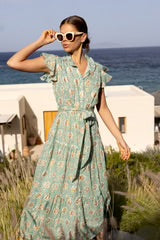 Ruffle Collar Button Maxi in Mughal Green by Oliphant