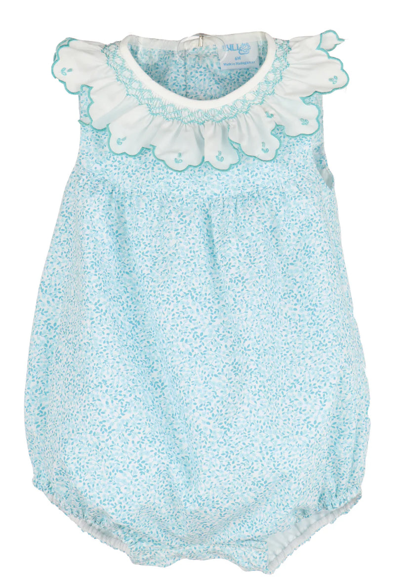 Girls Turquoise Blue Mini Floral Print Bubble - Smocked Ruffle Collar by Maria Casero