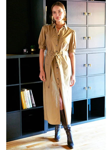 Harper Dress Long Weathercloth in Khaki