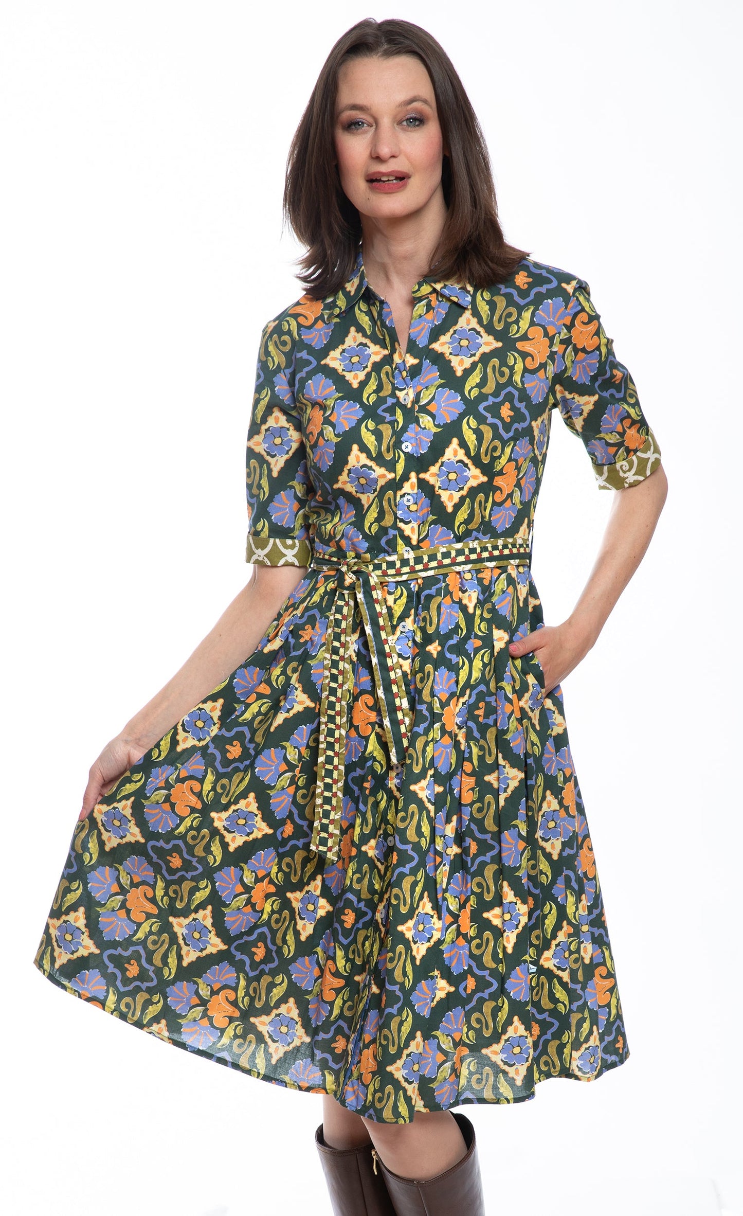 Mrs. Maisel Dress in Green Rust Ornate Print by Dizzy Lizzie