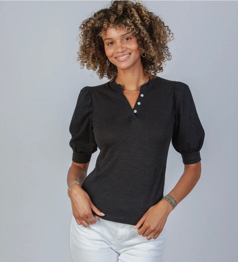 Kate Puff Sleeve V in Slub in Black