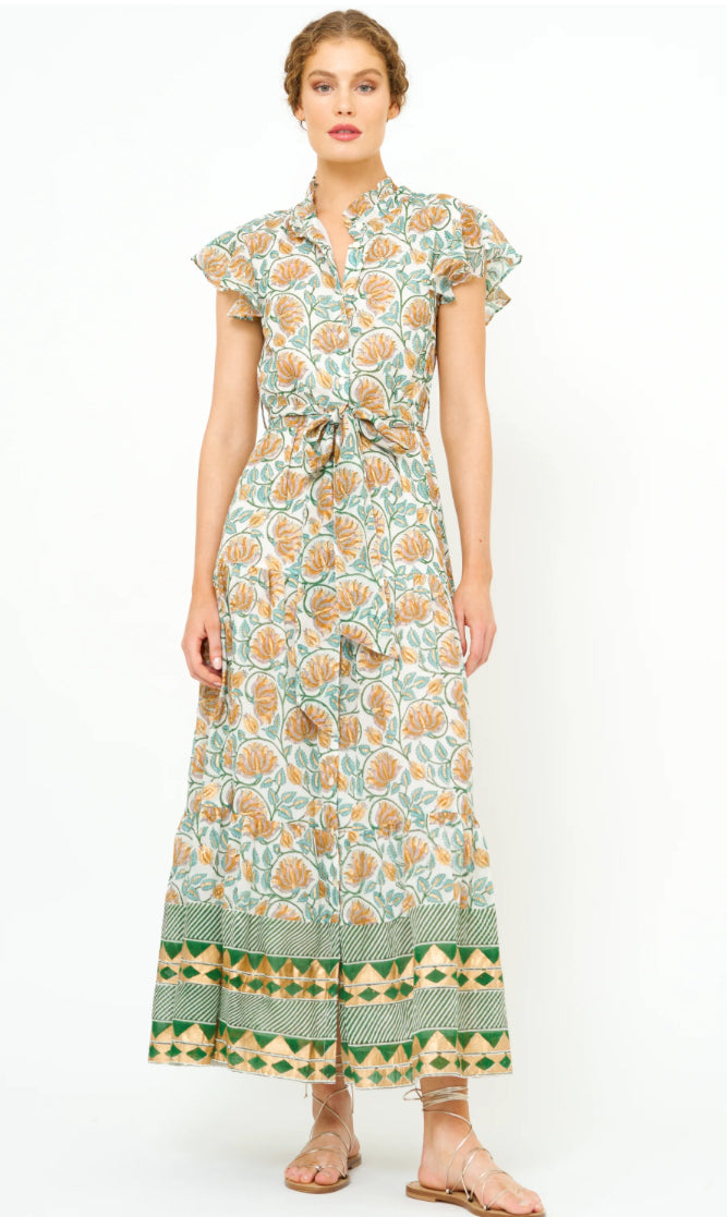 Montenegro Ruffle Collar Button Maxi in Green by Oliphant