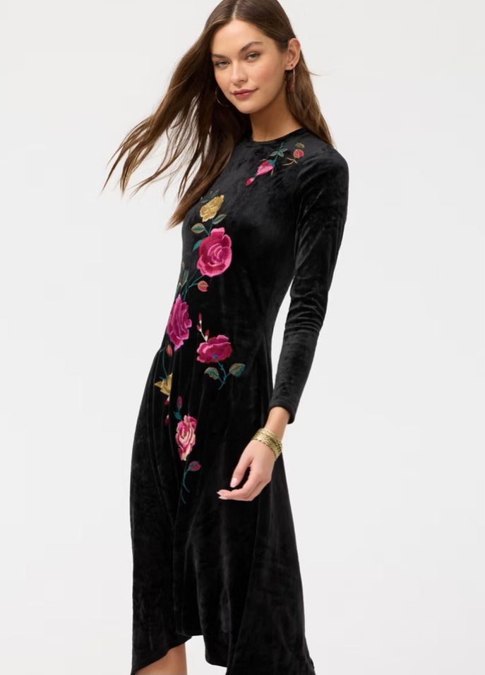 Rosilia Handkerchief Hem Velour Dress in Black by Johnny Was Rosilia Handkerchief Hem Velour Dress in Black by Johnny Was