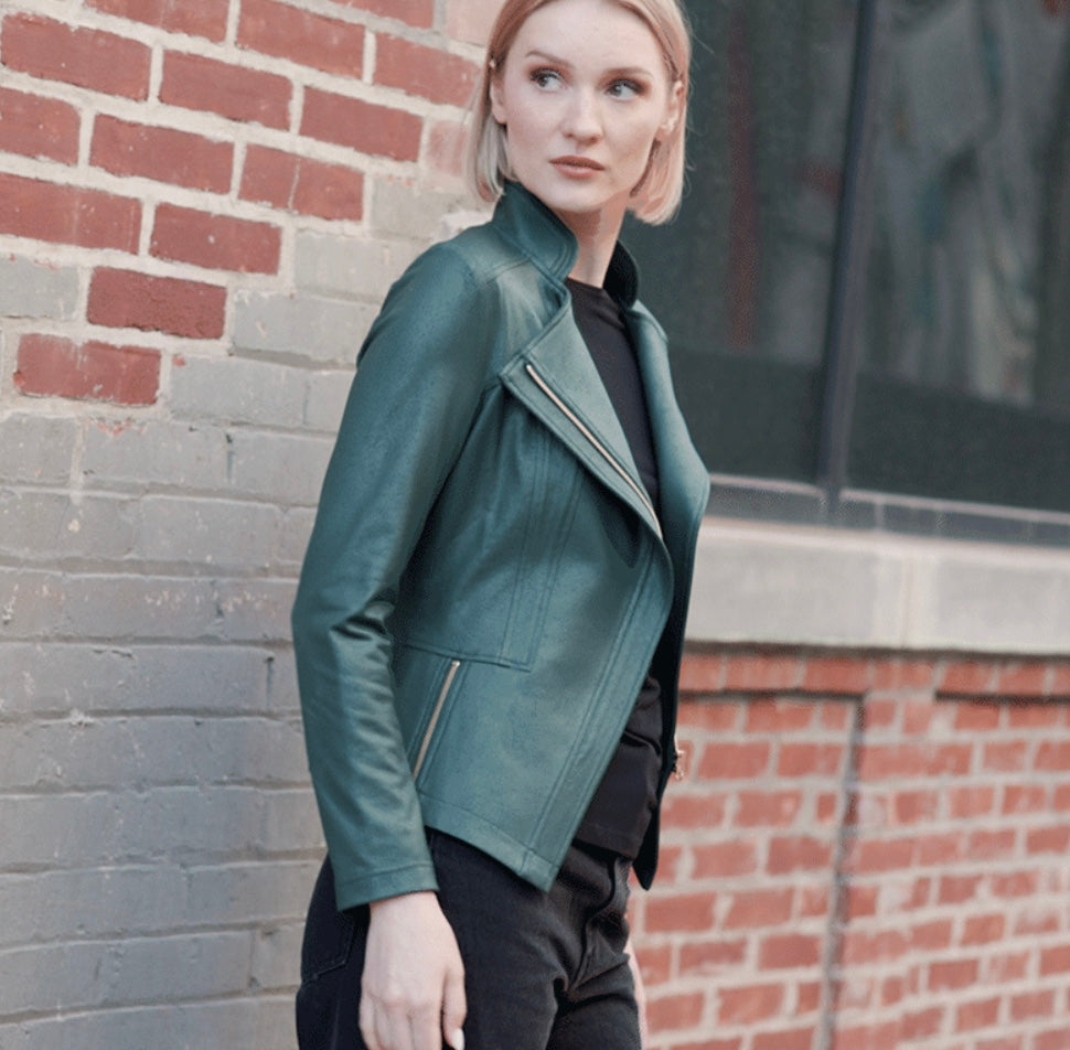 Liquid Leather Jacket in Hunter Green by Clara Sunwoo