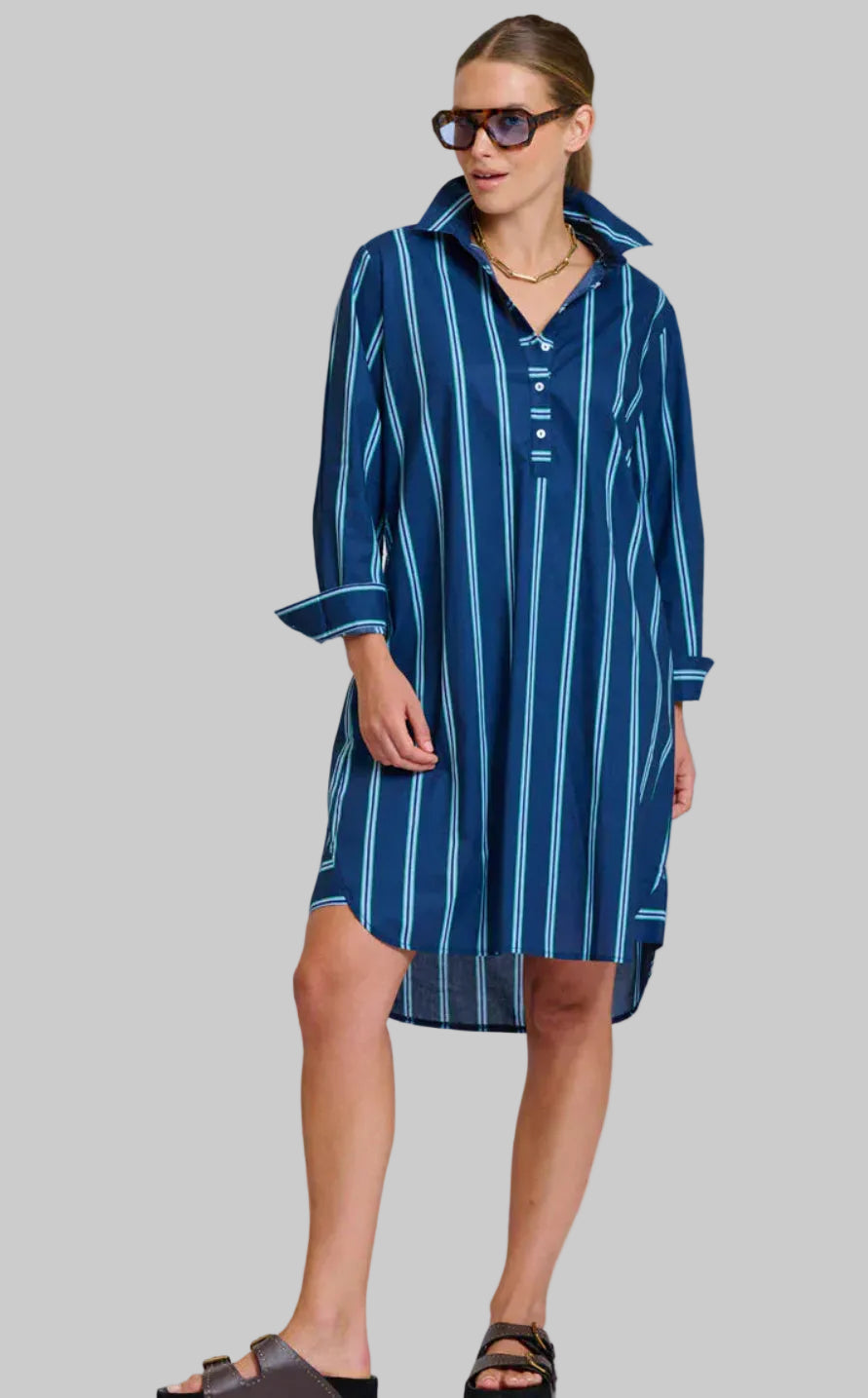 Claire Popover Shirt Dress in Navy with Green Stripes by Shirty