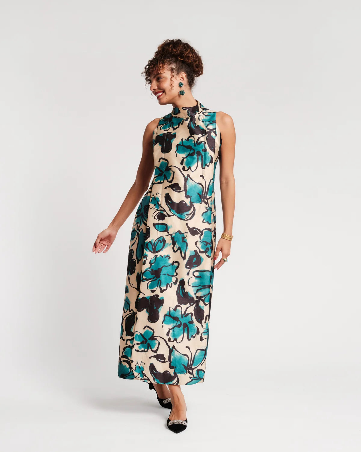 Carlyle Maxi Dress in Abstract Meadow Poly Dupion Teal/Camel by Frances Valentine
