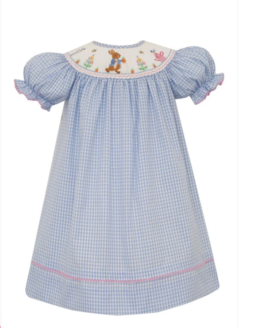 Girls Blue Gingham Smocked Peter Rabbit Dress by Anavini – Poshabilities