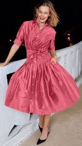 Mrs Maisel Tea Length Silk Dress in Pink by Lizzie P.M