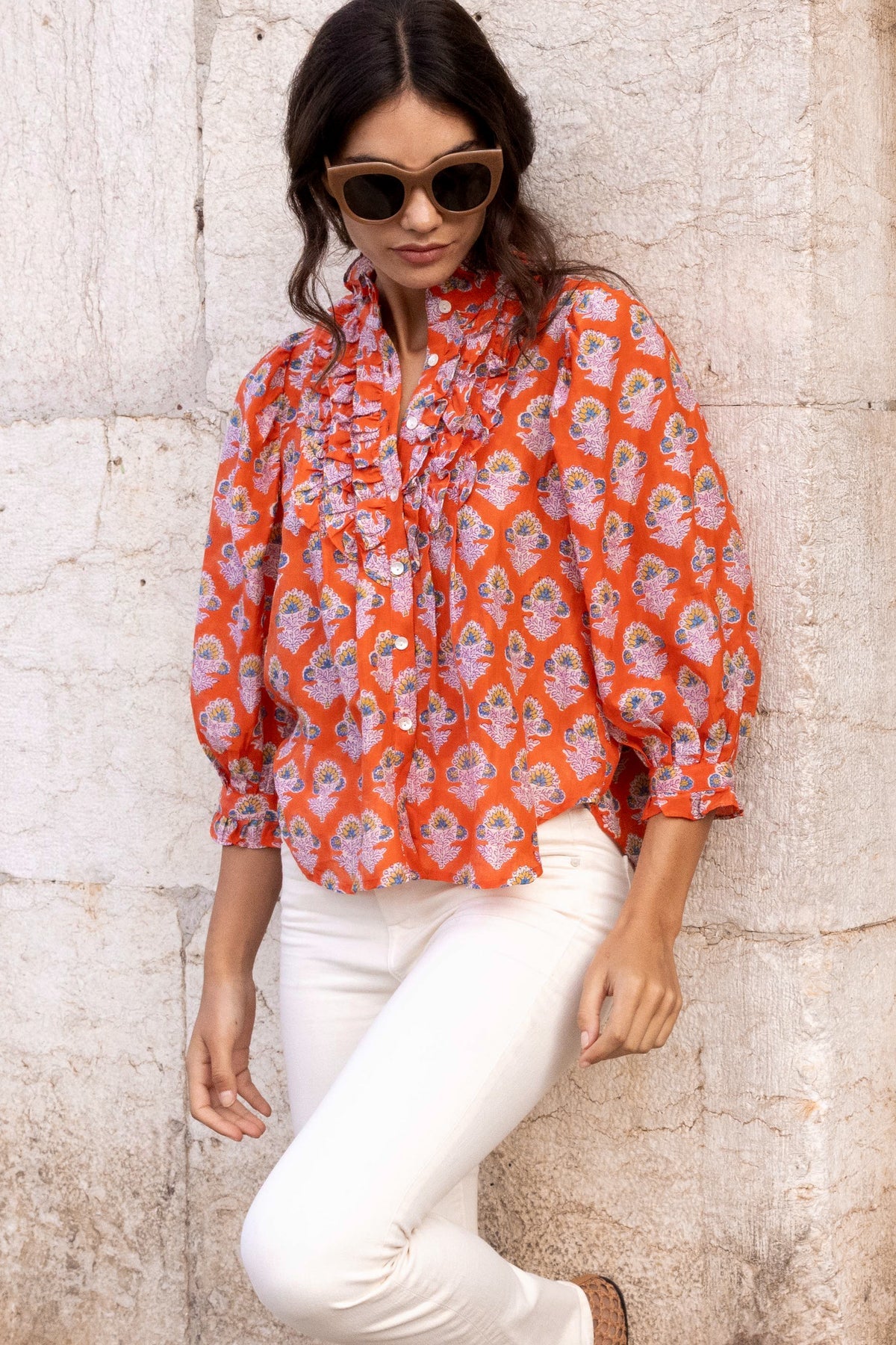 Ruffle Front Button Blouse in Patna Red by Oliphant