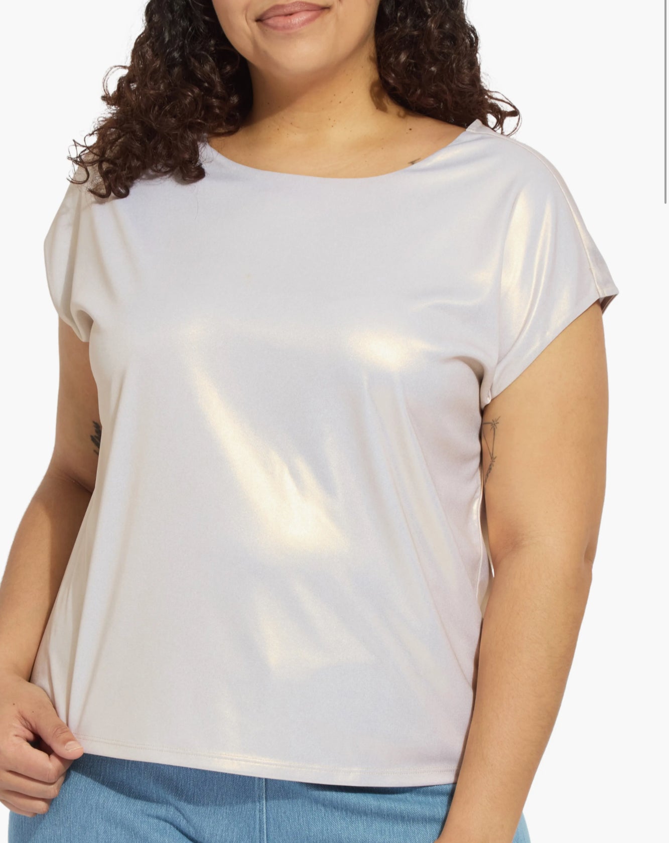 Lyssentials Metallic Jersey Top in White Gold by Lysse 3923
