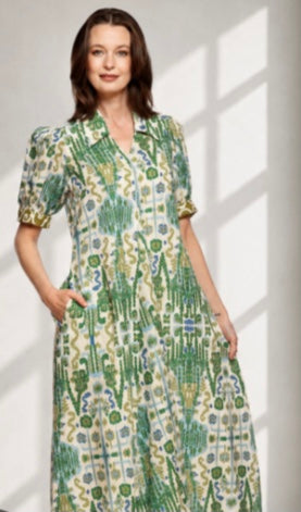Montauk Dress in Blue Green Ikat by Dizzy Lizzie