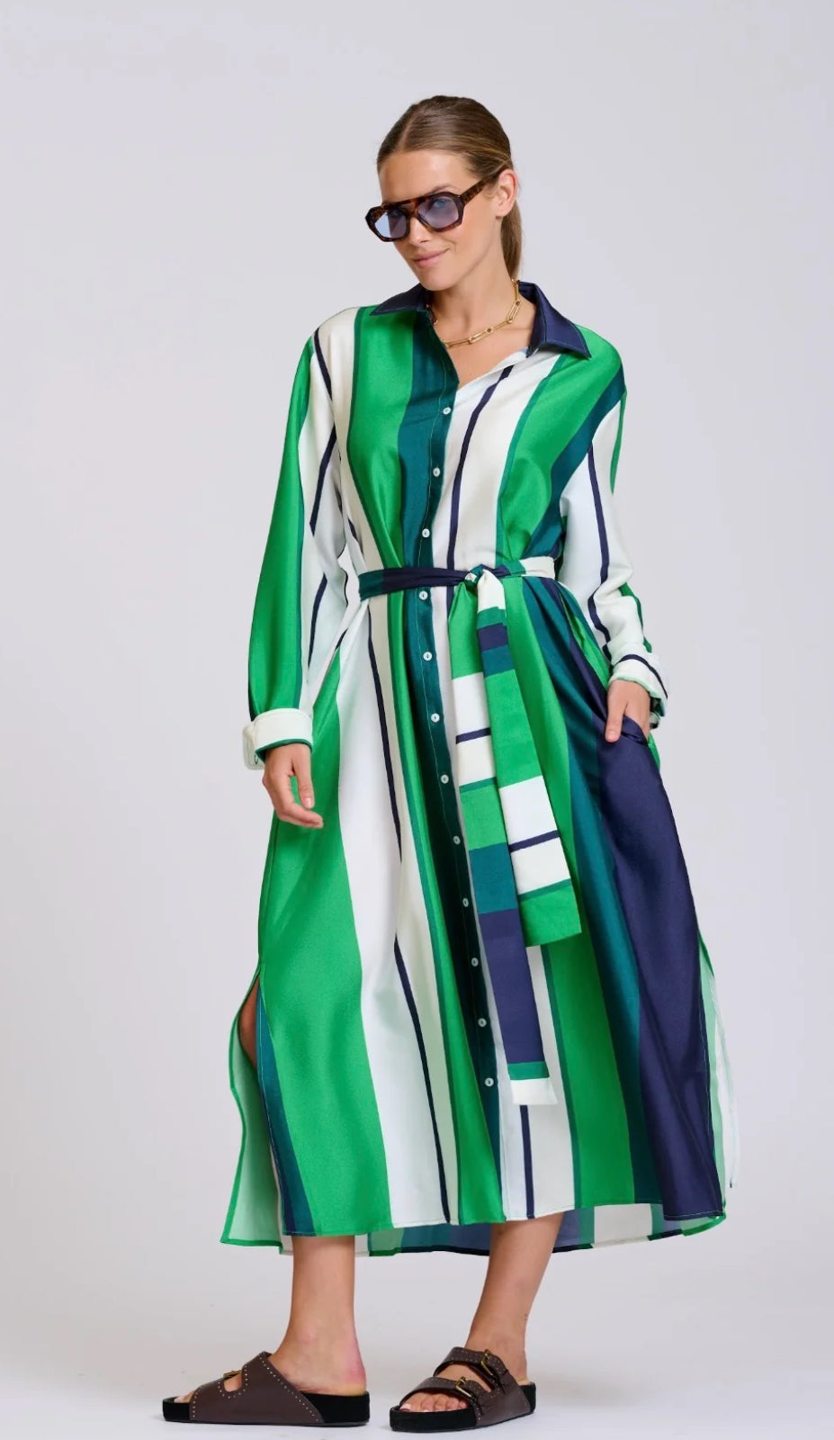 Luxe Luna Longline Shirtdress in Navy and Green Bold Stripe by Shirty
