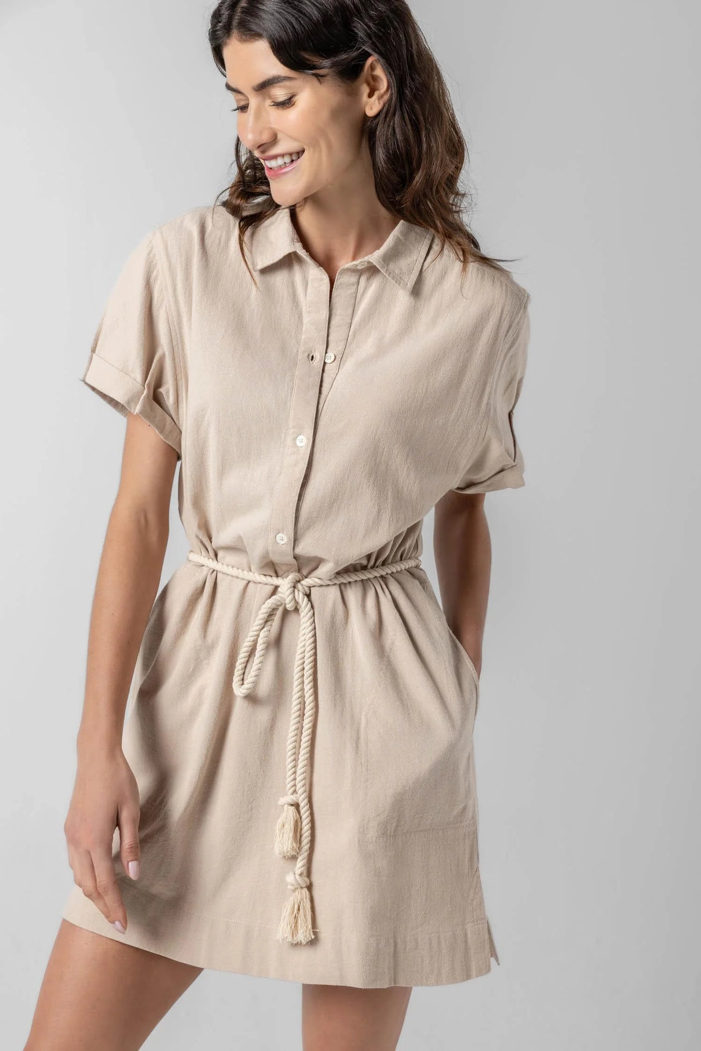Half Placket Shirt Dress in Flax by Lilla P