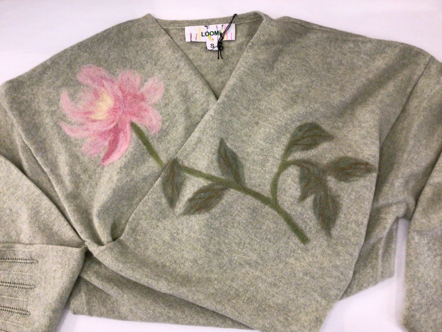 Wrap Pullover with Rose Motif in Sage by LOOMi