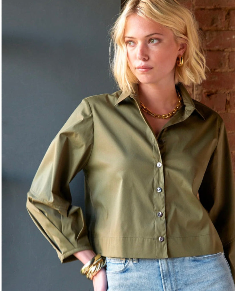 Crop Emmy Shirt in Solid Olive Silky Poplin by Finley