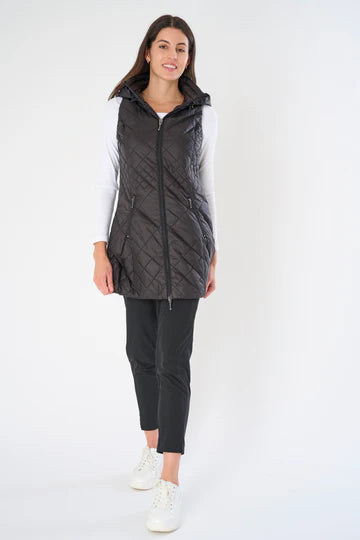 Long Quilted Vest with Hood in Black