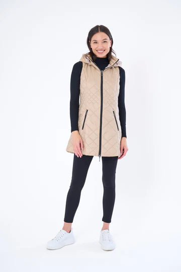 Long Quilted Vest with Hood in Camel