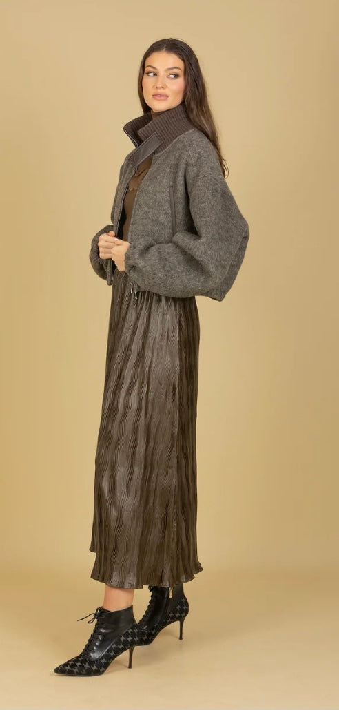 Pleated Midi Skirt in Olive Green by Jessie Liu