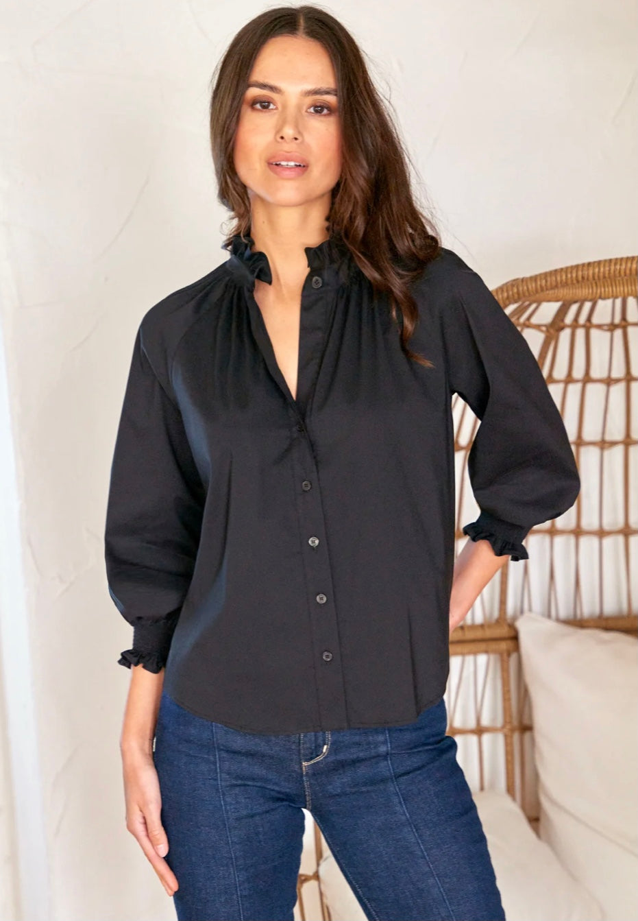 Fiona Ruffle Neck Solid Shirt Silky Poplin in Black by Finley
