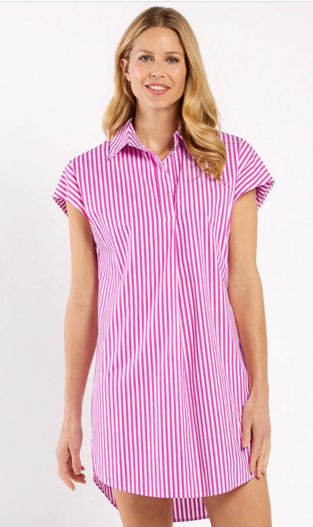 Carter Cotton Shirting Dress in Cotton Stripe Raspberry