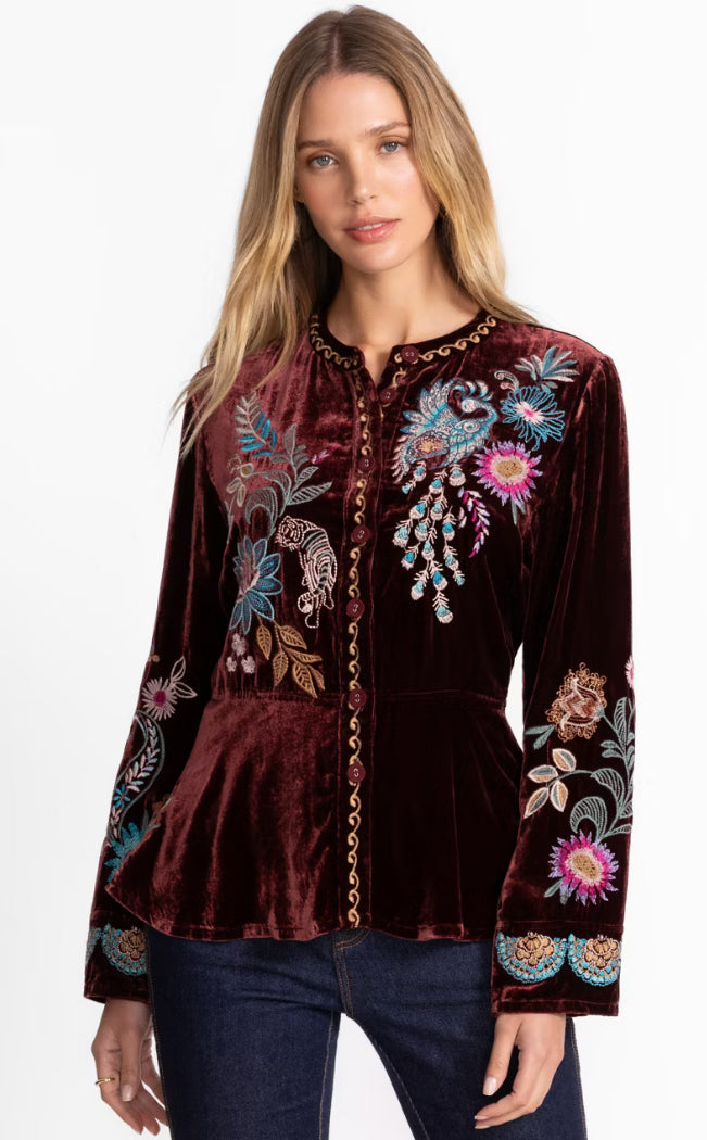 Velvet Peplum Jacket Edwin in Blackberry by Johnny Was