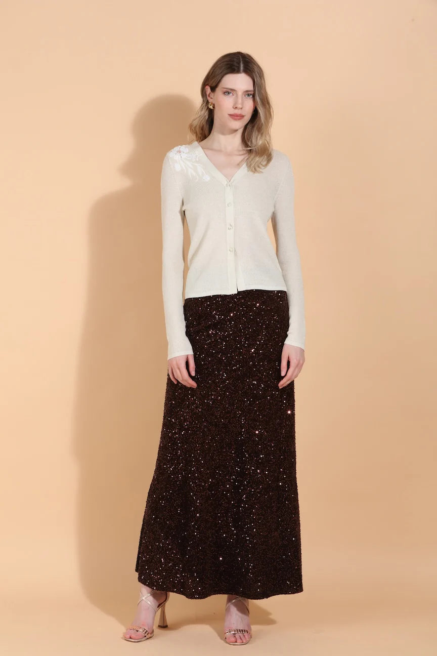 Sequined A-Line Maxi Skirt in Brown by Jessie Liu