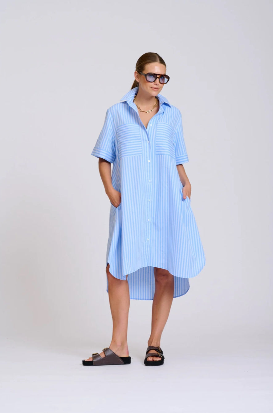 Evie Dress in Double Light Blue Stripe by Shirty
