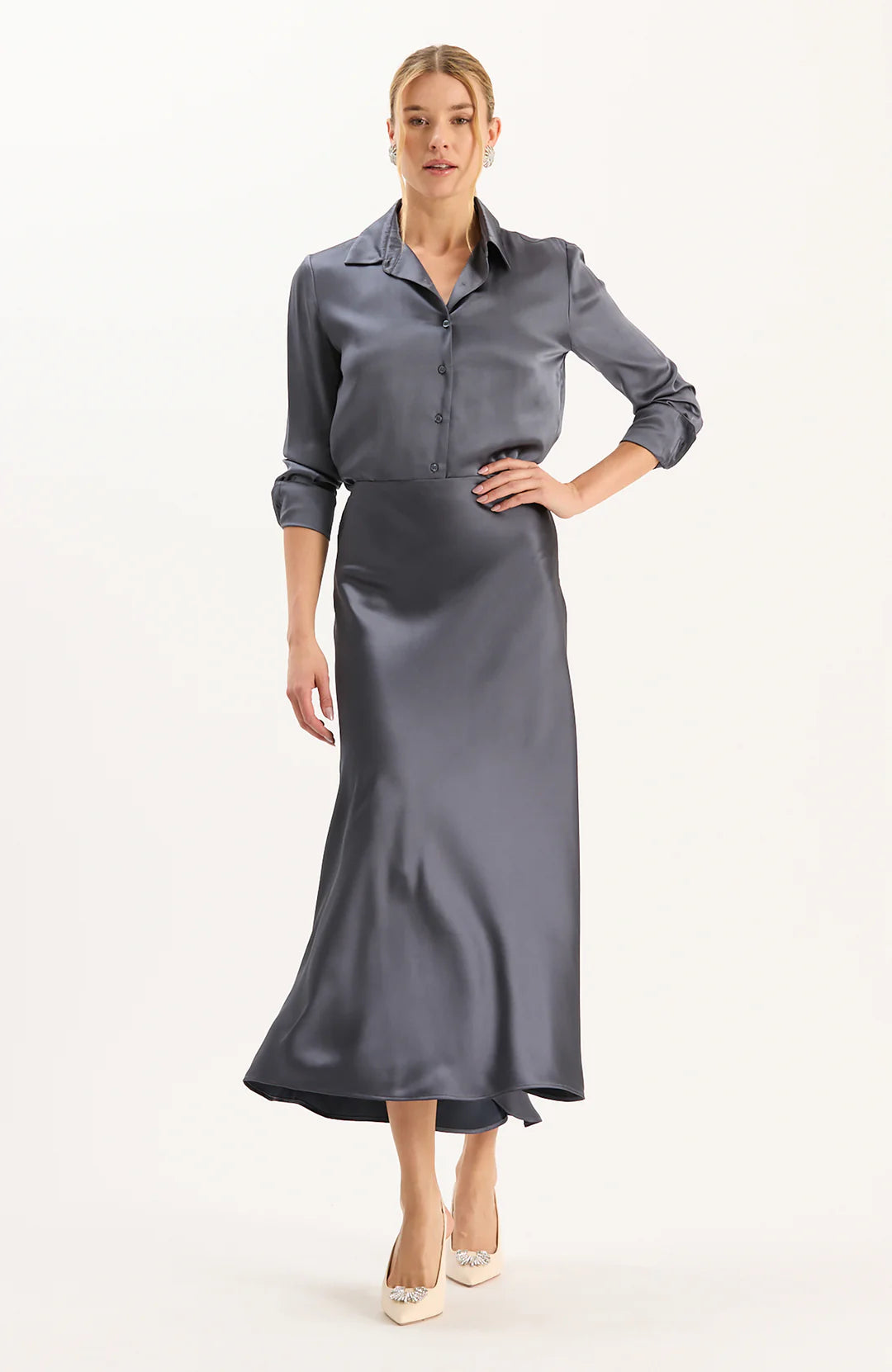 Edie Charmeuse Skirt in Gun Metal by Tyler Boe