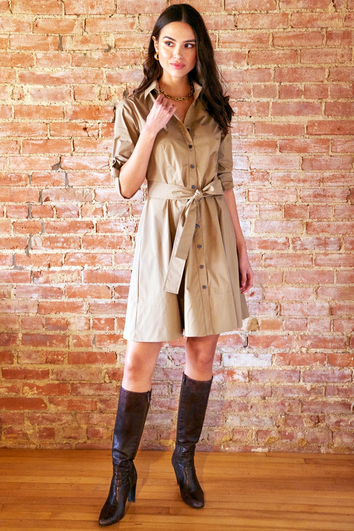 Short Laine Dress in Weathercloth Khaki