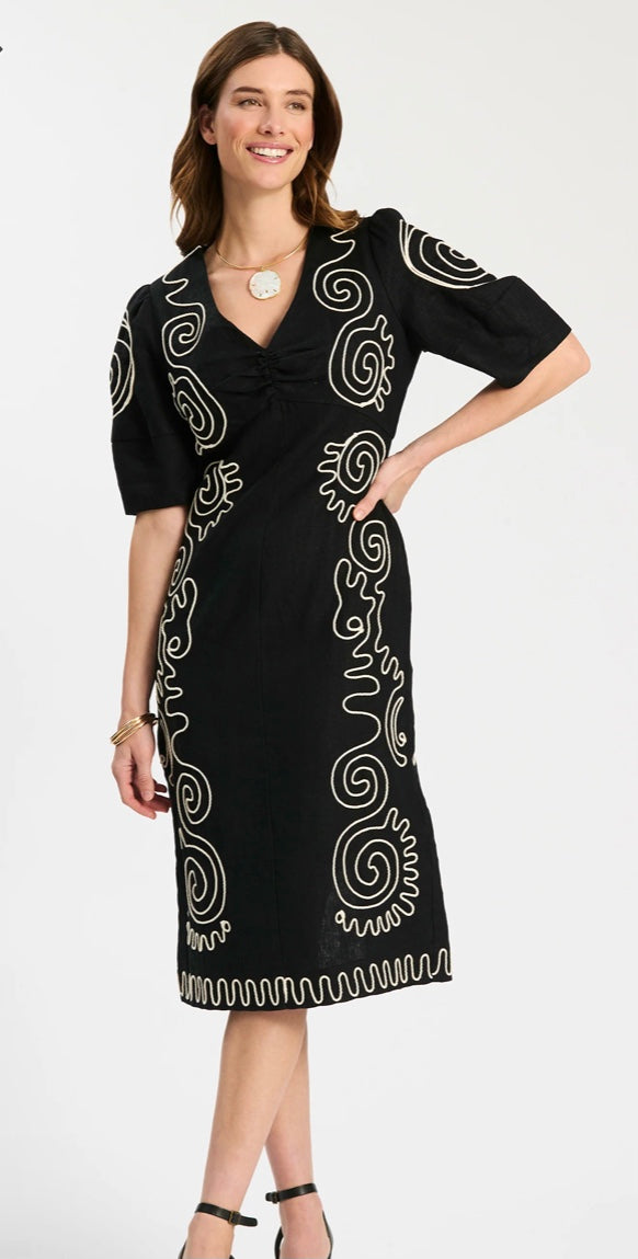 Posey Linen Midi Embroidered Dress in Black by Tyler Boe