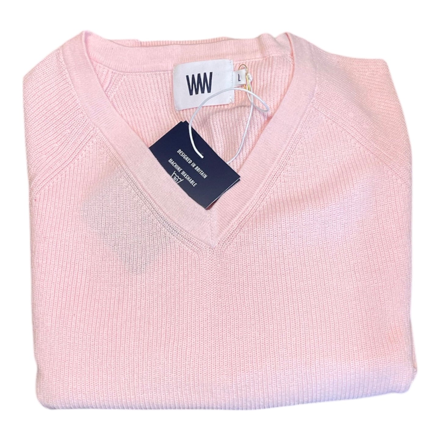 Shaker V Neck Cotton 3/4 Sleeve Sweater in Pale Pink by Windsor & White