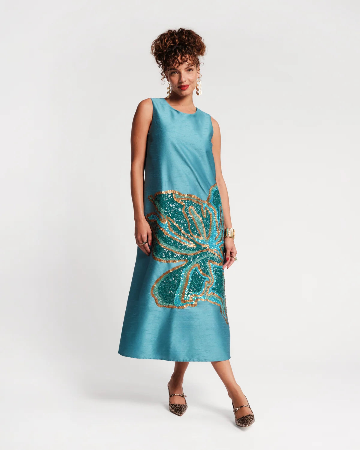 Alice Midi Dress in Teal Fringed Tulip Poly Dupion by Frances Valentine