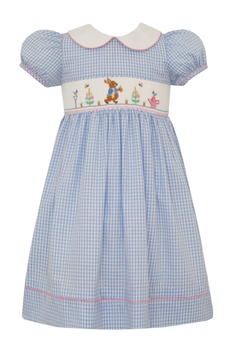 Girls Blue Gingham Smocked Peter Rabbit Dress - White Collar by Anavini