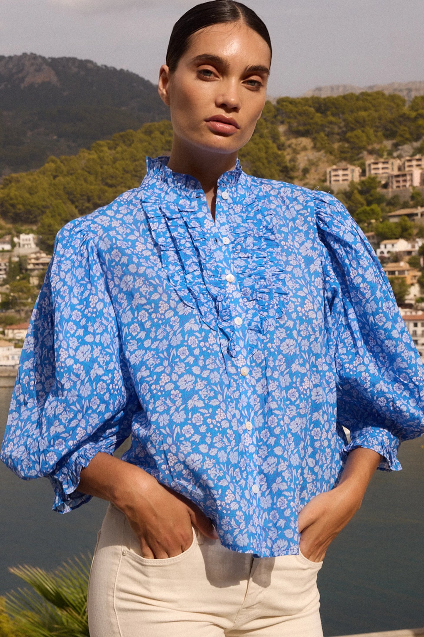 Ruffle Front Button Front Blouse Ditsy Blue by Oliphant