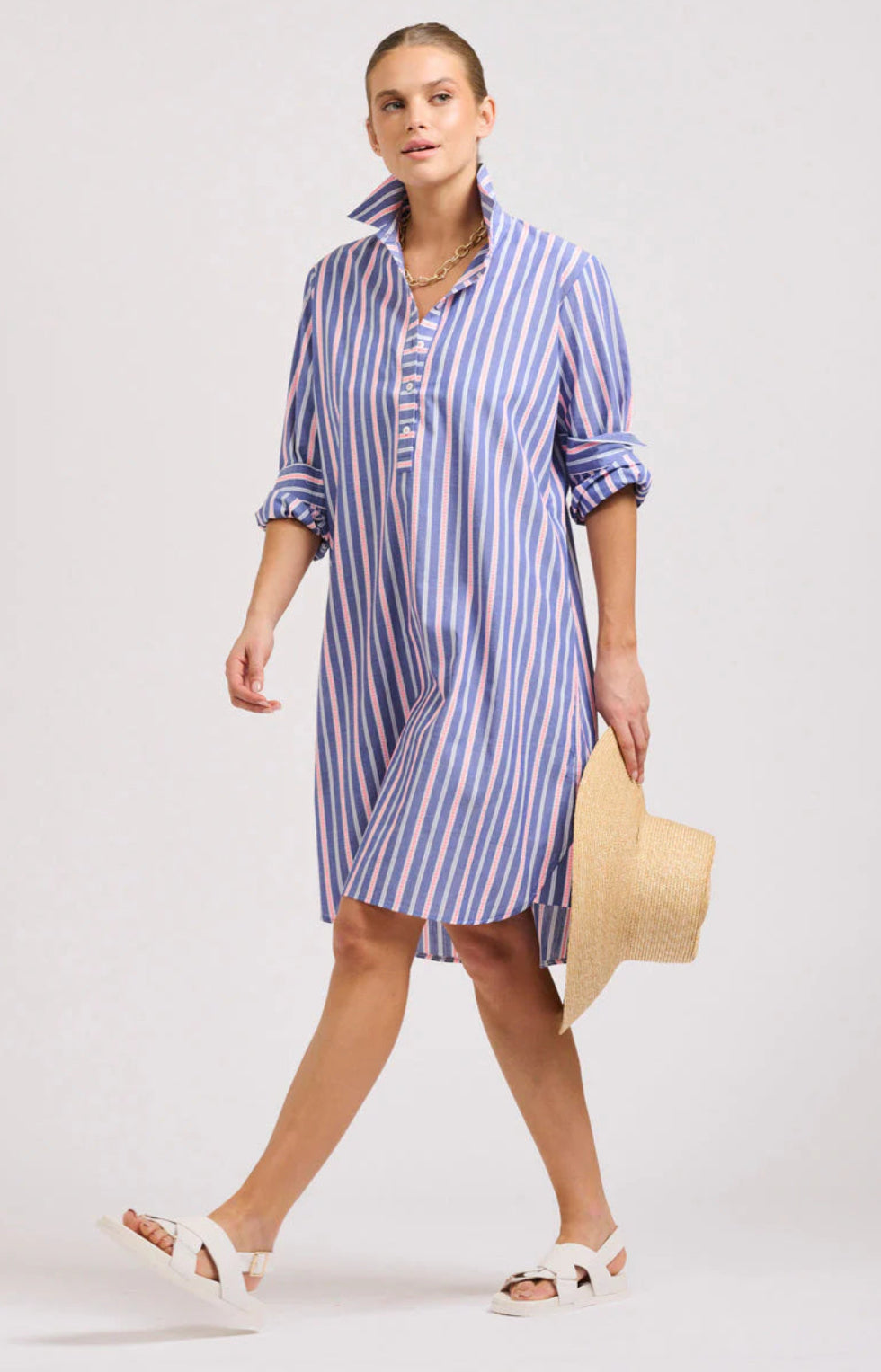 Claire Classic Popover Shirtdress in Chambray Pink Stripe by Shirty