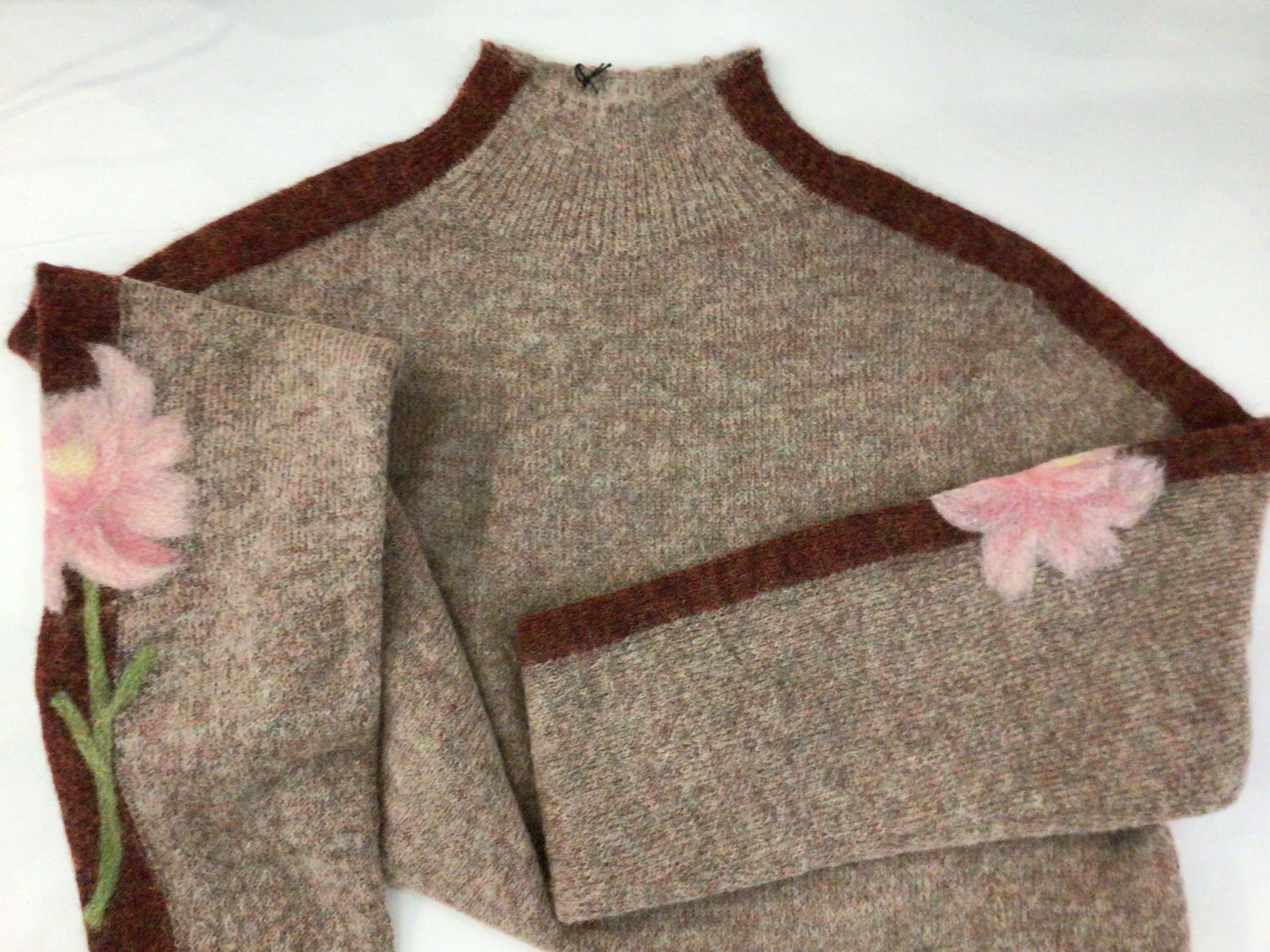 Mock Neck Pullover Sweater in Walnut with Rose Motif by LOOMi
